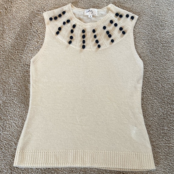 Milly Cashmere Cream Tank With Yolk Embellished Black 3D Polka Dots Sz Petite - Picture 1 of 9